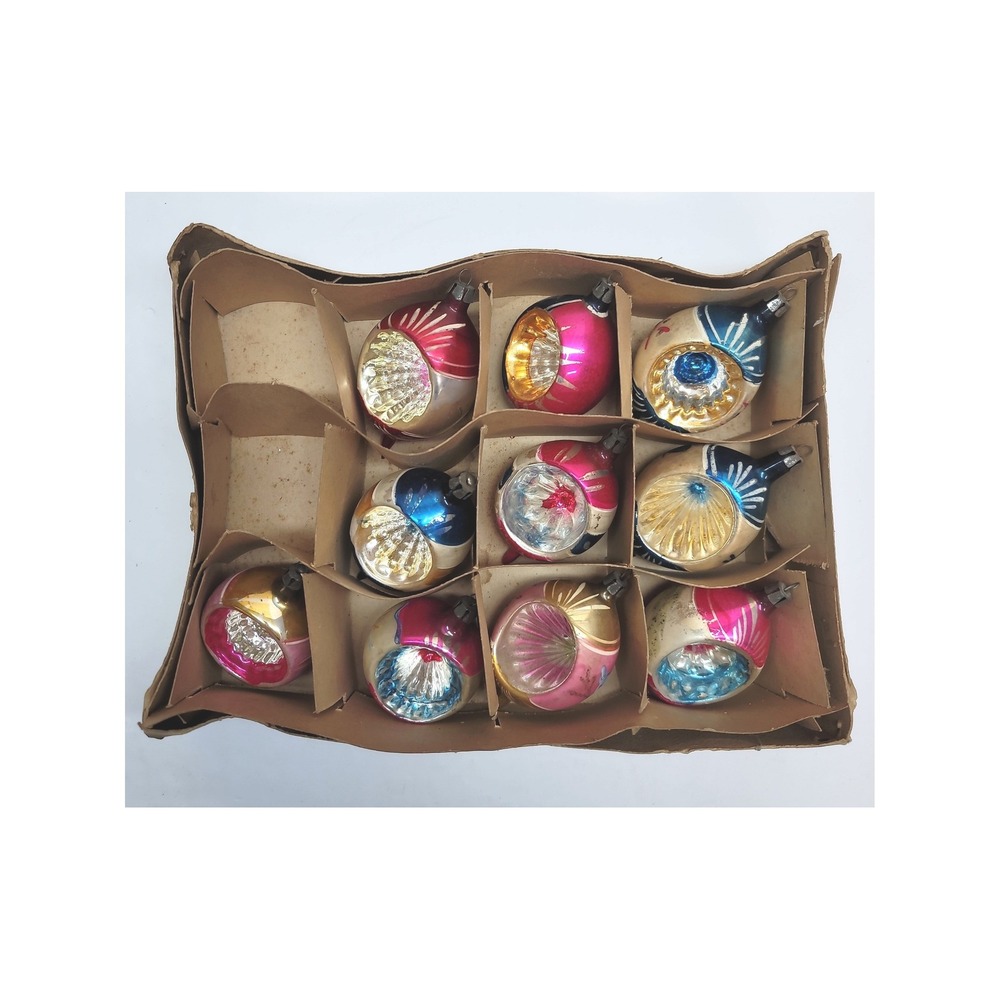 Vintage Poland Hand Painted Indent Set of 10 Glass Christmas Ornaments